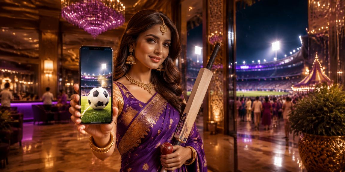 Indian night market with cricket betting theme lights